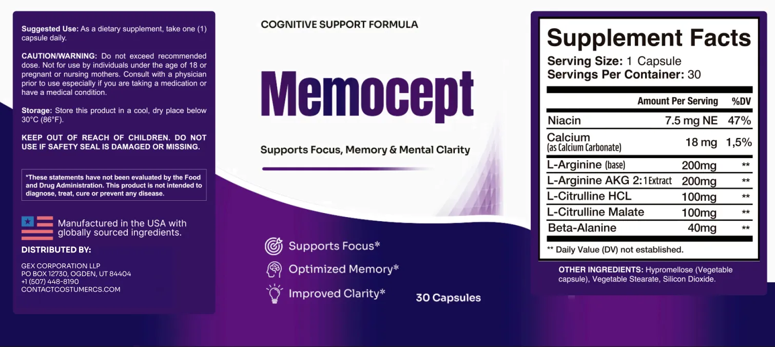 Memocept supplement facts label
