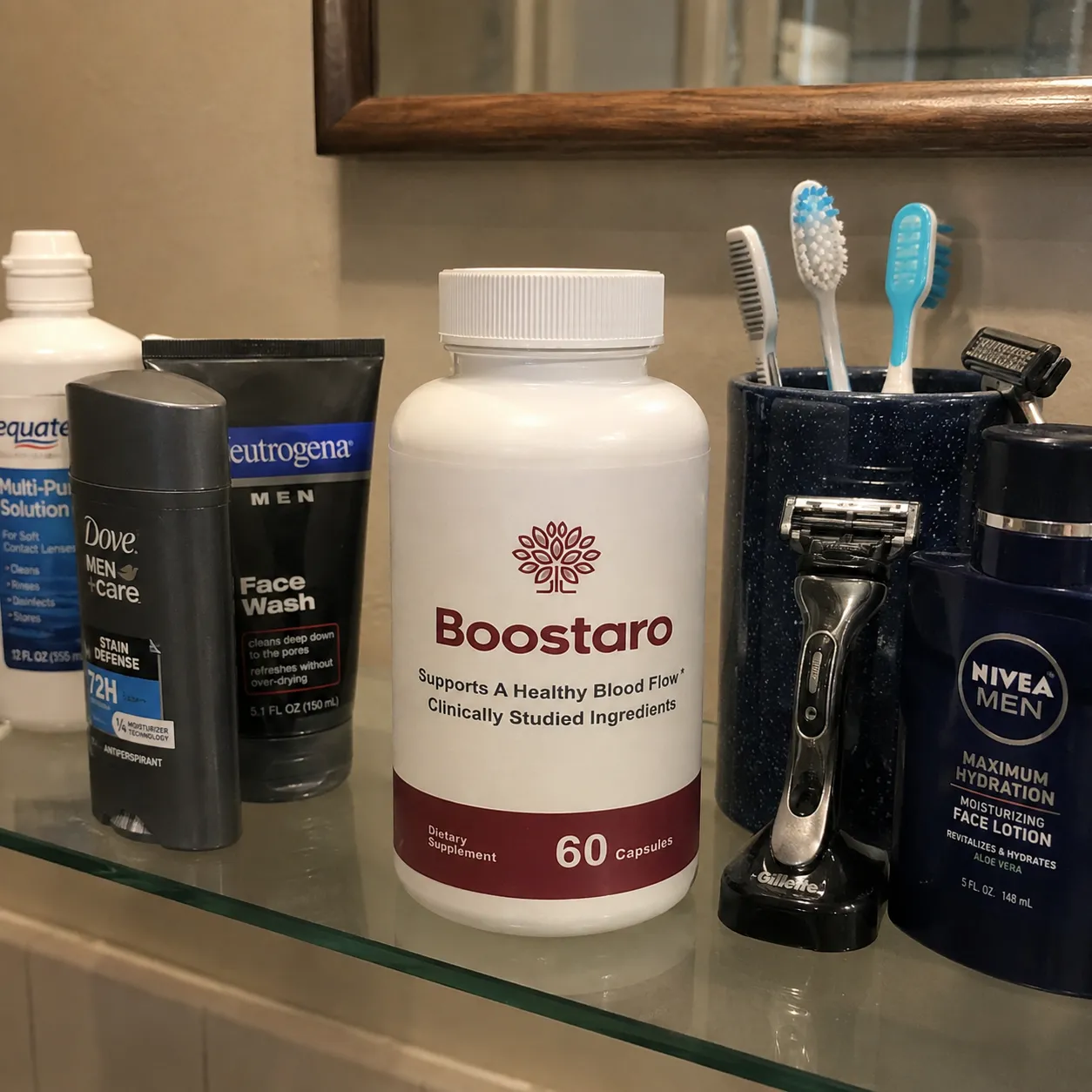 Boostaro on bathroom counter